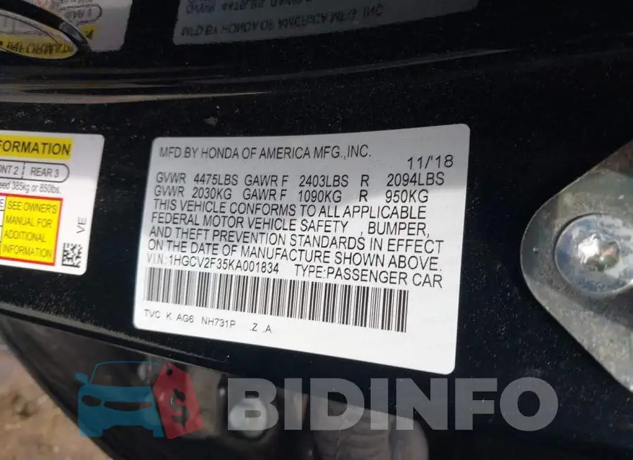 1HGCV2F35KA001834 Photo# 9