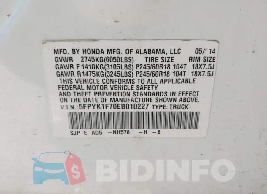 5FPYK1F70EB010227 Photo# 9