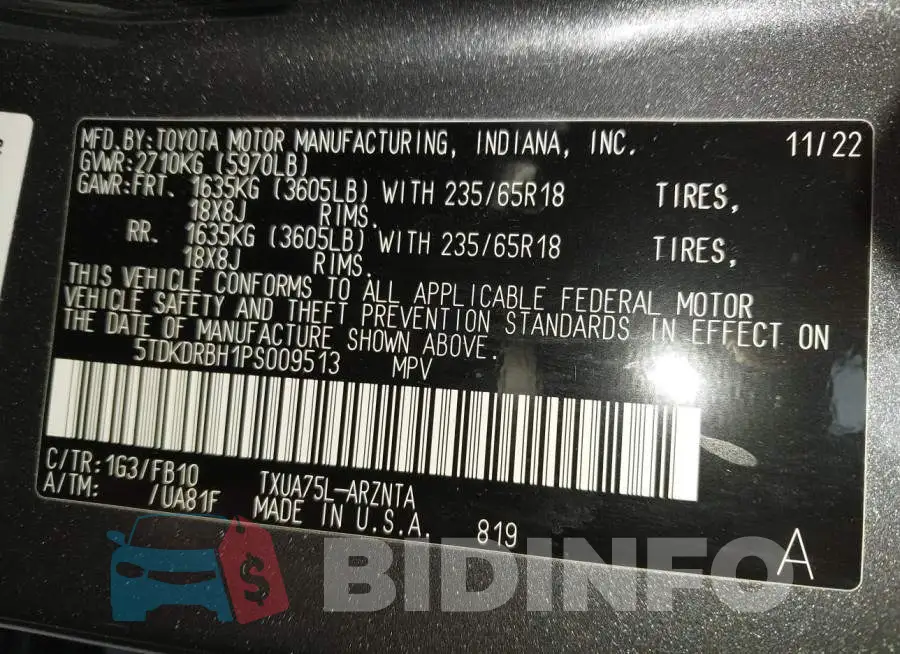 5TDKDRBH1PS009513 Photo# 9