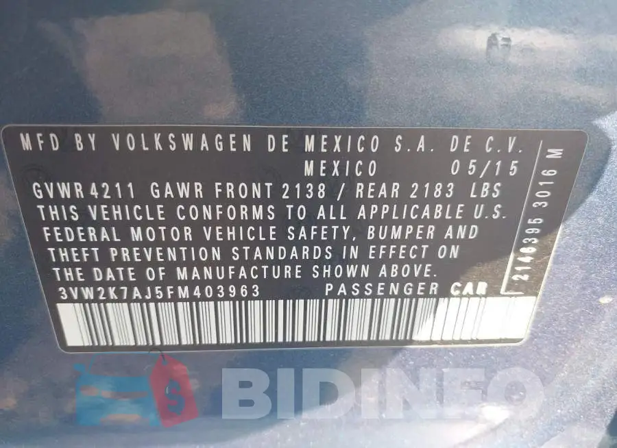 3VW2K7AJ5FM403963 Photo# 9