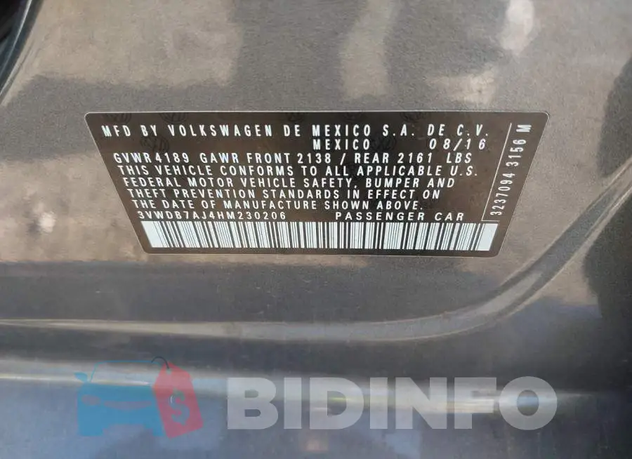 3VWDB7AJ4HM230206 Photo# 9