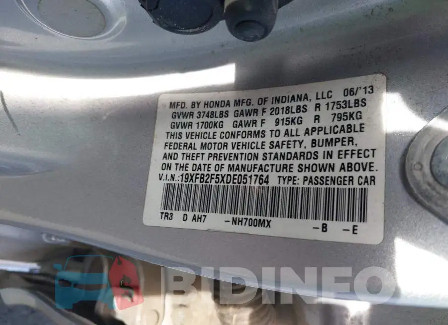 19XFB2F5XDE051764 Photo# 9