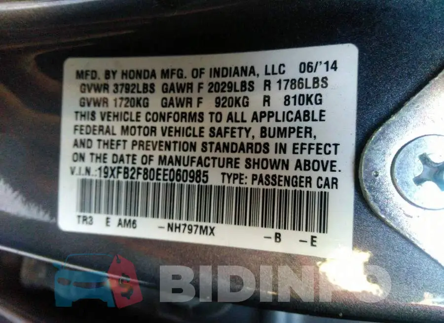 19XFB2F80EE060985 Photo# 9