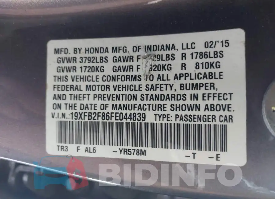 19XFB2F86FE044839 Photo# 9