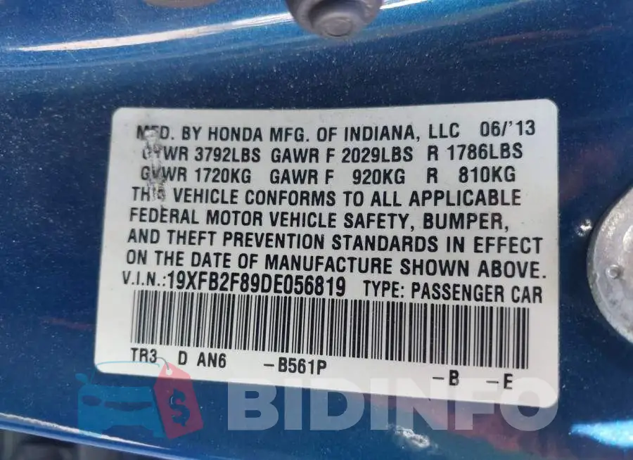 19XFB2F89DE056819 Photo# 9
