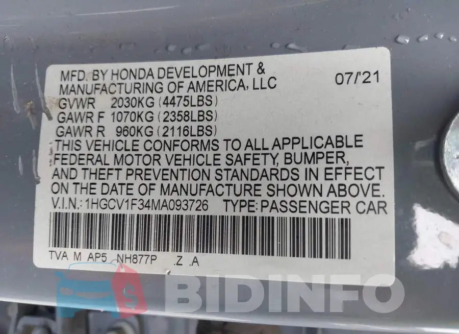 1HGCV1F34MA093726 Photo# 9