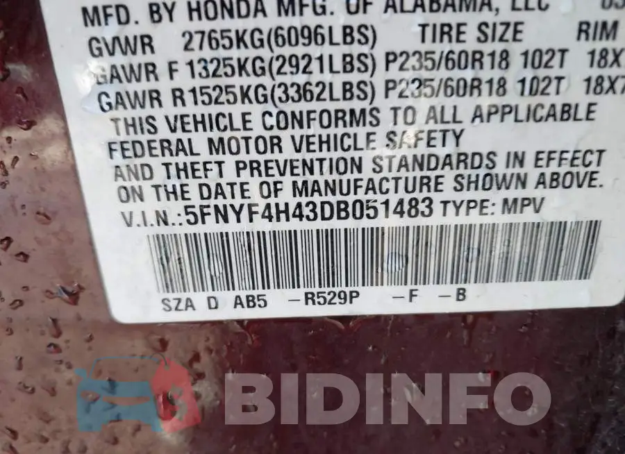 5FNYF4H43DB051483 Photo# 9
