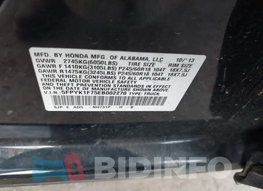 5FPYK1F75EB002270 Photo# 9