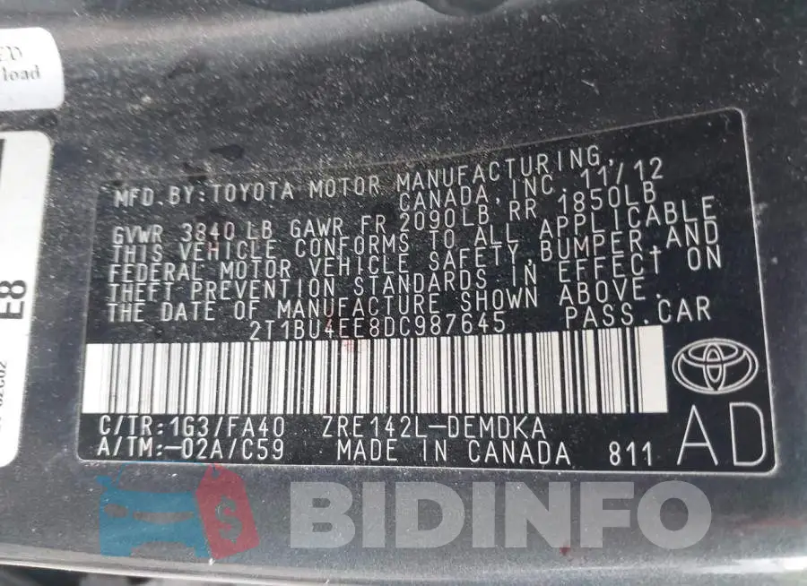 2T1BU4EE8DC987645 Photo# 9
