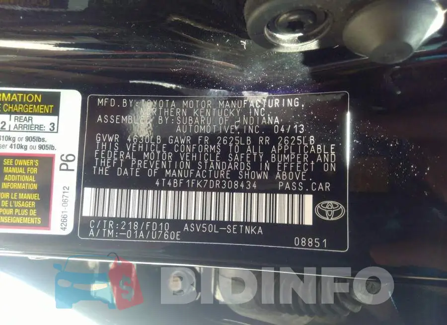 4T4BF1FK7DR308434 Photo# 9