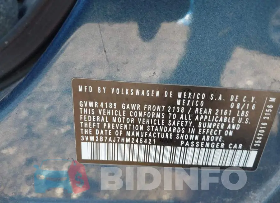 3VW2B7AJ7HM245421 Photo# 9