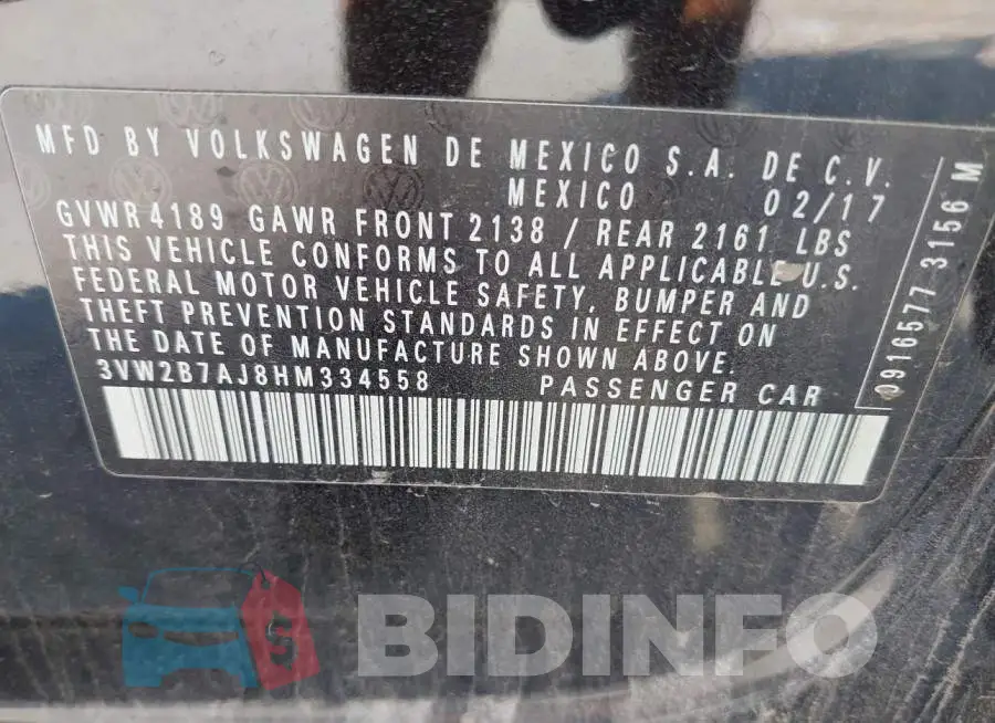 3VW2B7AJ8HM334558 Photo# 9