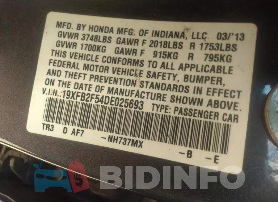 19XFB2F54DE025693 Photo# 9