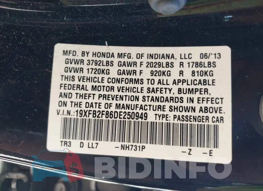 19XFB2F86DE250949 Photo# 9