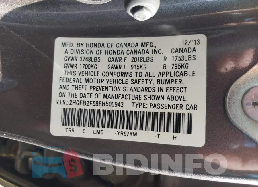 2HGFB2F58EH506943 Photo# 9