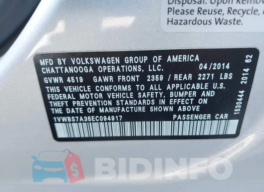 1VWBS7A35EC094917 Photo# 9