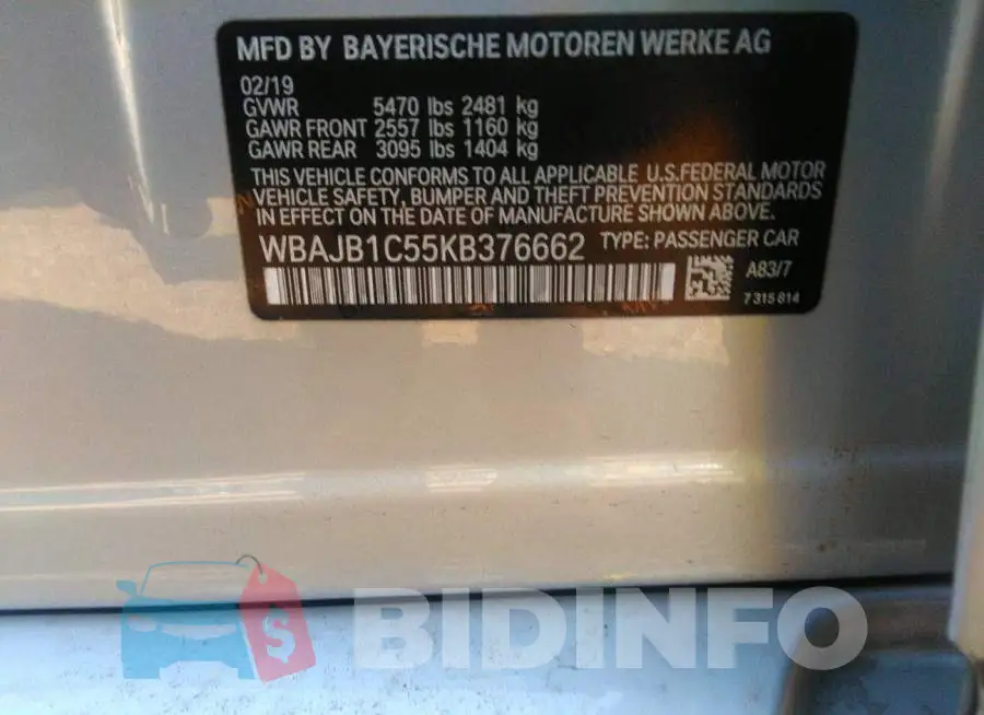 WBAJB1C55KB376662 Photo# 9
