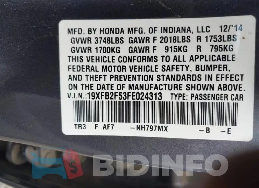 19XFB2F53FE024313 Photo# 9