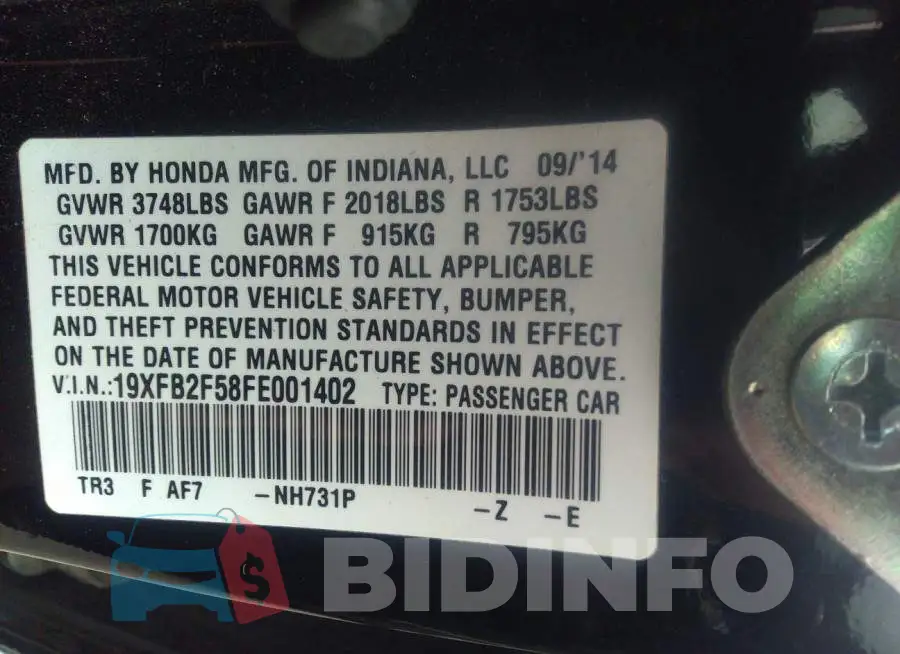19XFB2F58FE001402 Photo# 9