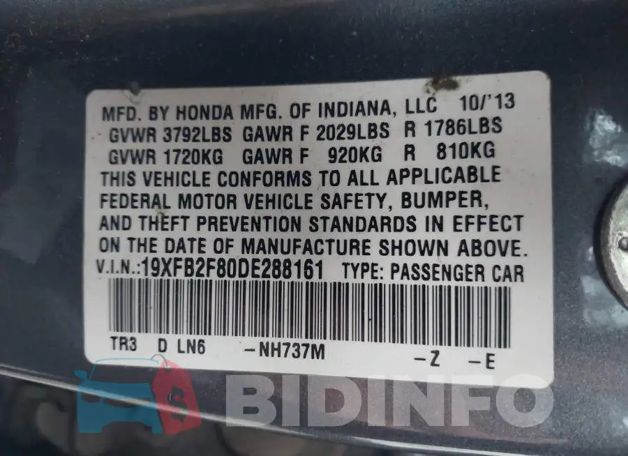 19XFB2F80DE288161 Photo# 9