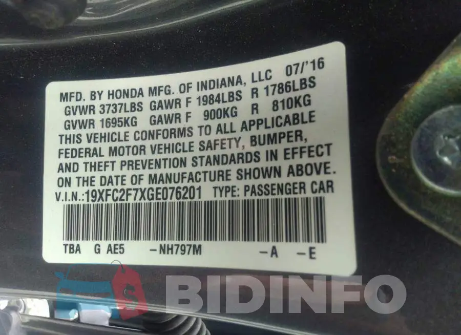 19XFC2F7XGE076201 Photo# 9