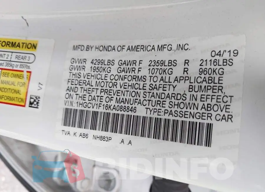 1HGCV1F16KA088846 Photo# 9