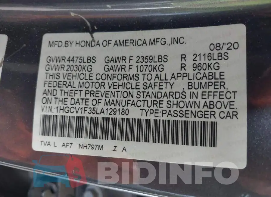 1HGCV1F35LA129180 Photo# 9