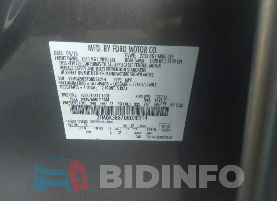 2FMGK5B87DBD38214 Photo# 9