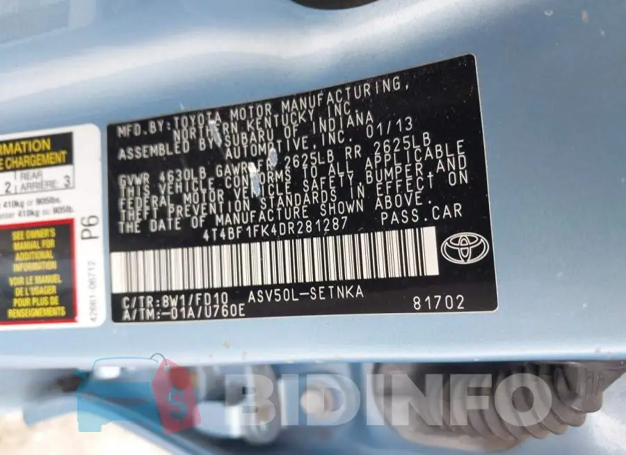 4T4BF1FK4DR281287 Photo# 9