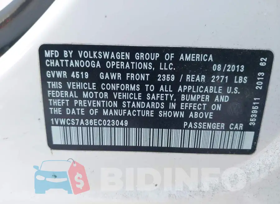 1VWCS7A36EC023049 Photo# 9