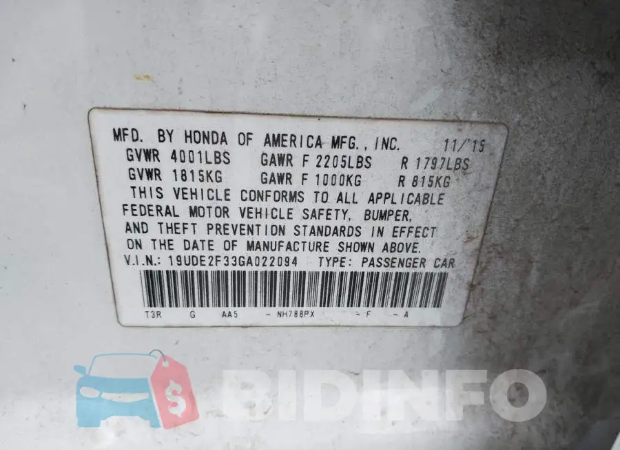 19UDE2F33GA022094 Photo# 9