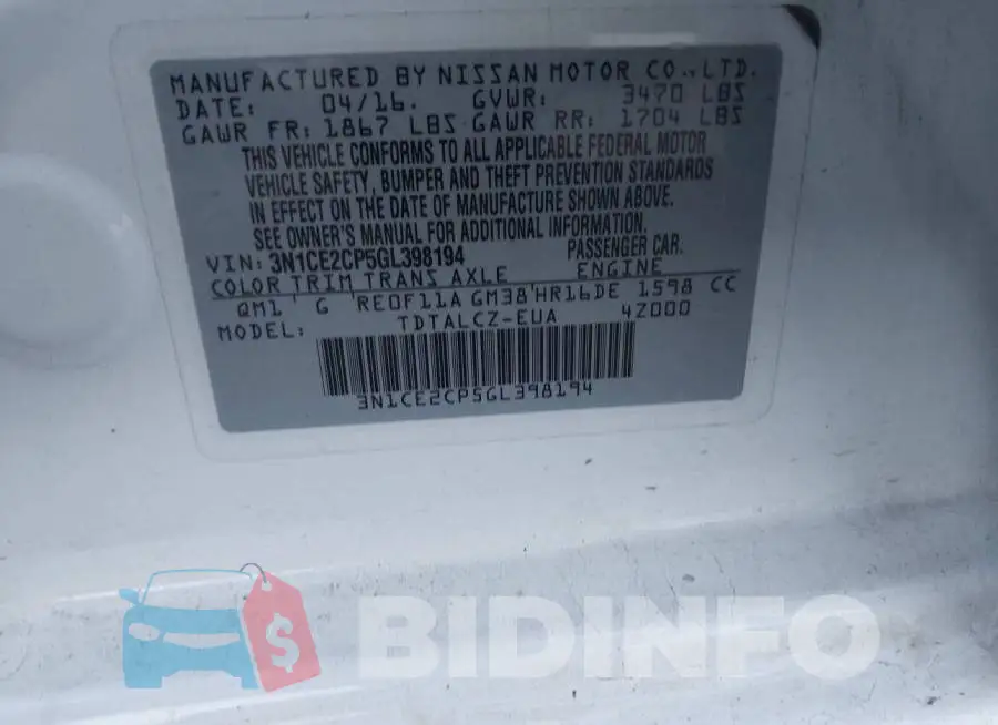 3N1CE2CP5GL398194 Photo# 9