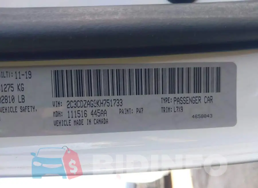 2C3CDZAG9KH751733 Photo# 9