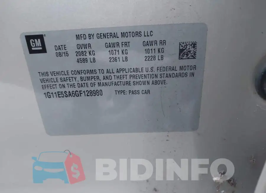 1G11E5SA6GF128980 Photo# 9