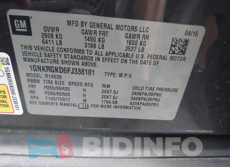 1GNKRGKD6FJ338181 Photo# 9