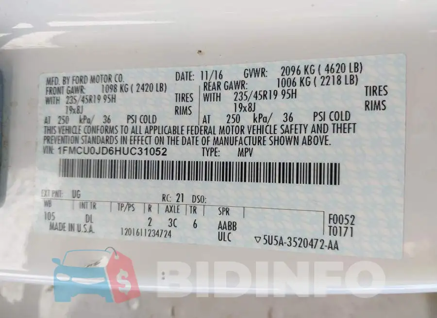 1FMCU0JD6HUC31052 Photo# 9