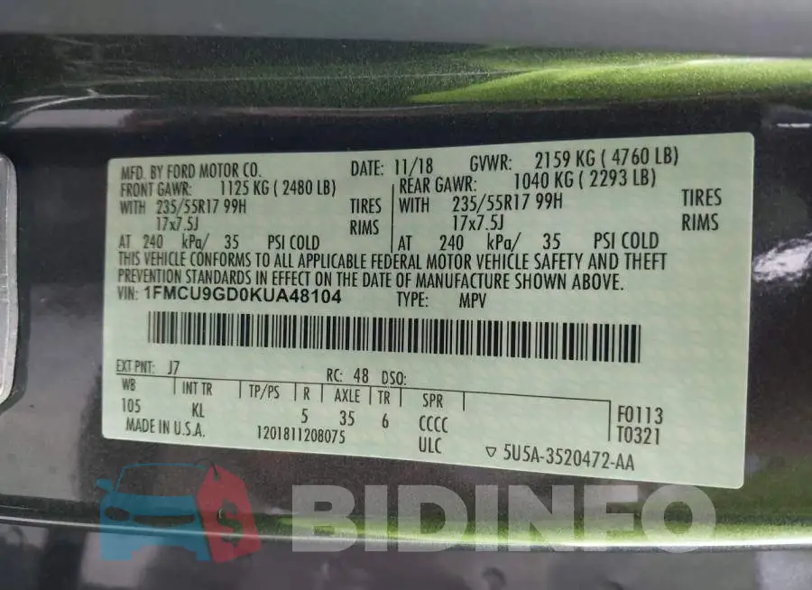 1FMCU9GD0KUA48104 Photo# 9