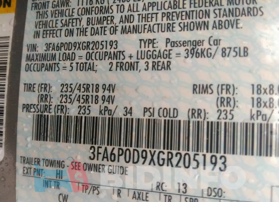 3FA6P0D9XGR205193 Photo# 9