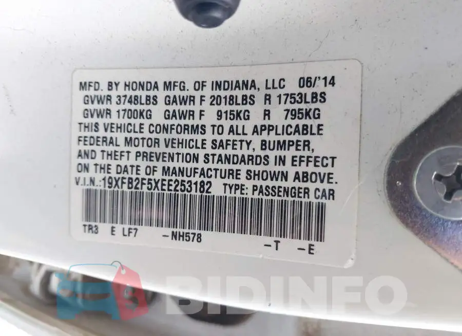 19XFB2F5XEE253182 Photo# 9