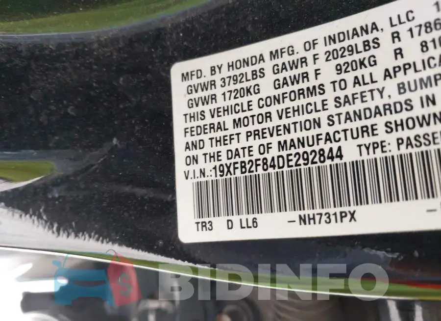 19XFB2F84DE292844 Photo# 8