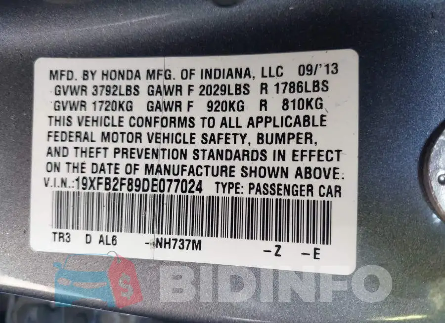 19XFB2F89DE077024 Photo# 9