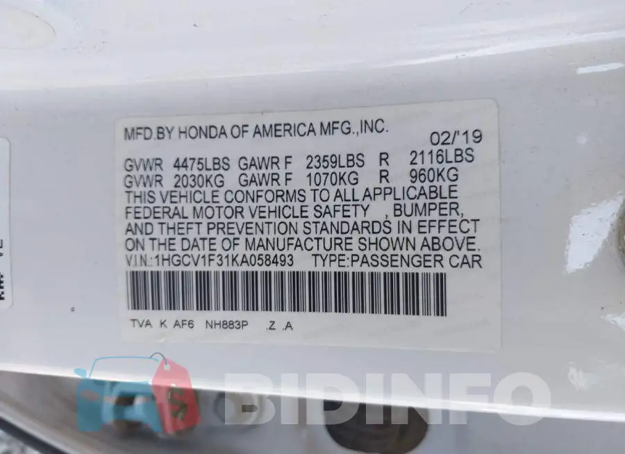 1HGCV1F31KA058493 Photo# 9