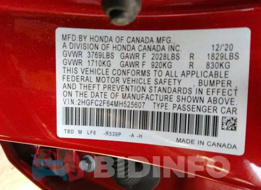 2HGFC2F64MH525607 Photo# 9