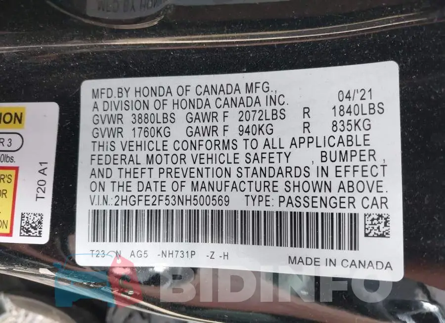 2HGFE2F53NH500569 Photo# 9