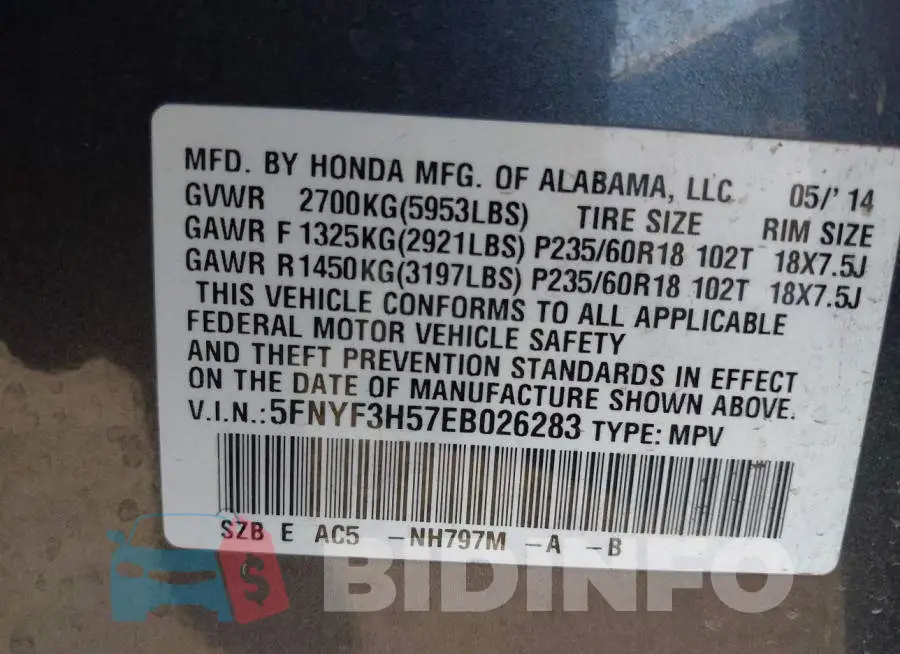 5FNYF3H57EB026283 Photo# 9