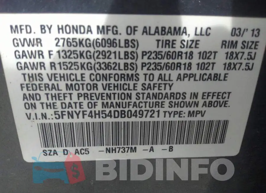 5FNYF4H54DB049721 Photo# 9