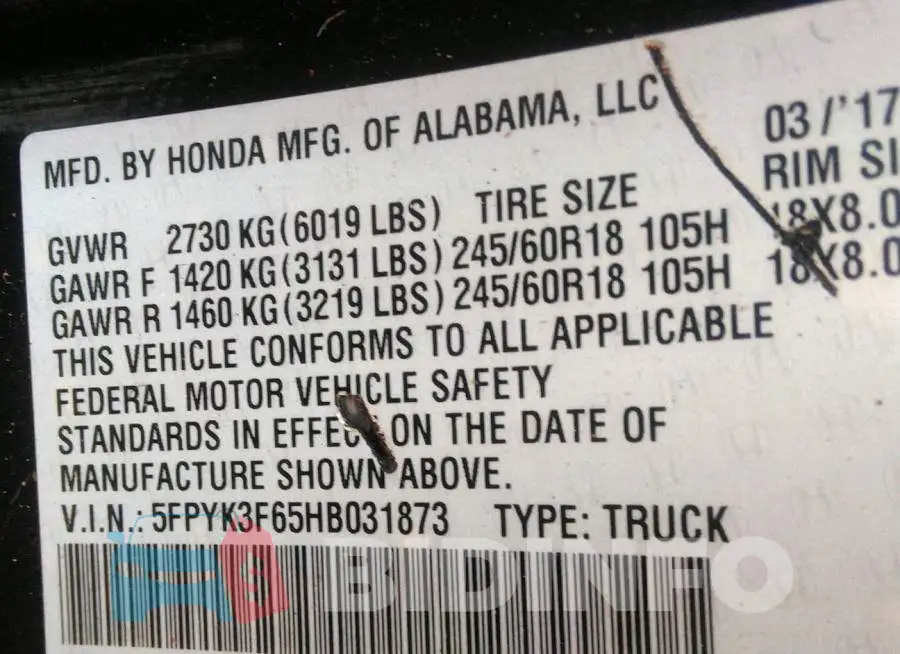 5FPYK3F65HB031873 Photo# 9