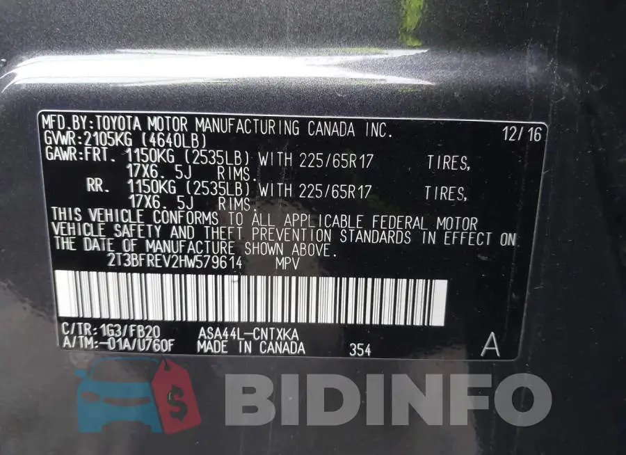 2T3BFREV2HW579614 Photo# 9