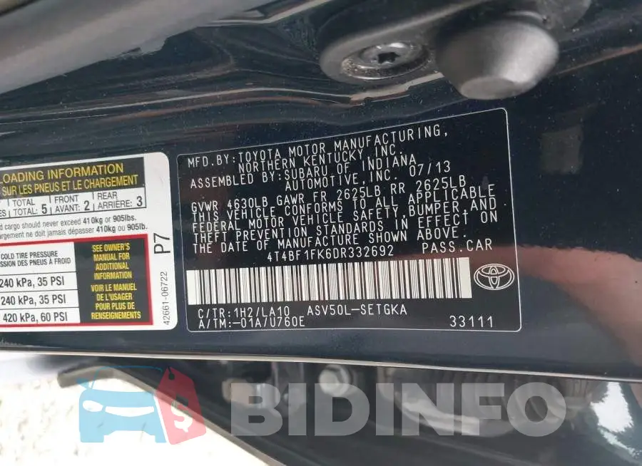 4T4BF1FK6DR332692 Photo# 9