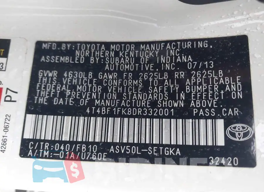 4T4BF1FK8DR332001 Photo# 9